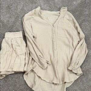Aerie Cream Button-Up Top and Shorts Set